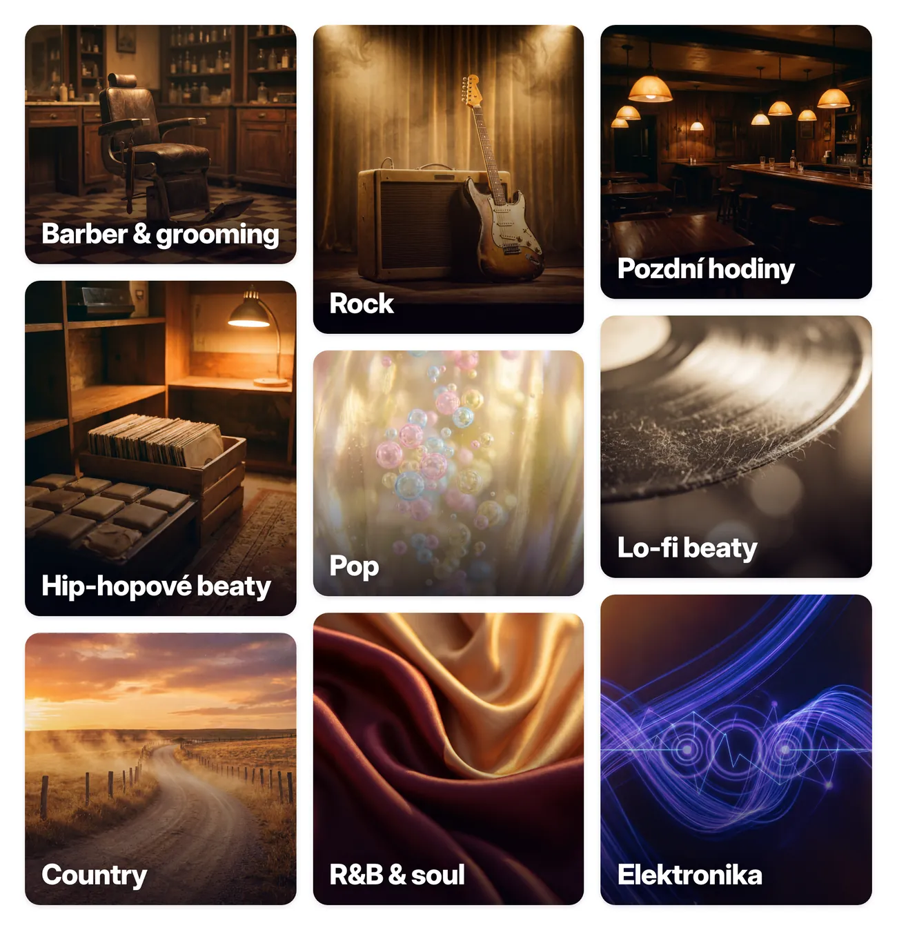 Playlisty pro barbershopy: Barber & grooming, Hip-hopové beaty, Country, Rock, Pop, R&B & soul, Pozdní hodiny, Lo-fi beaty, Elektronika