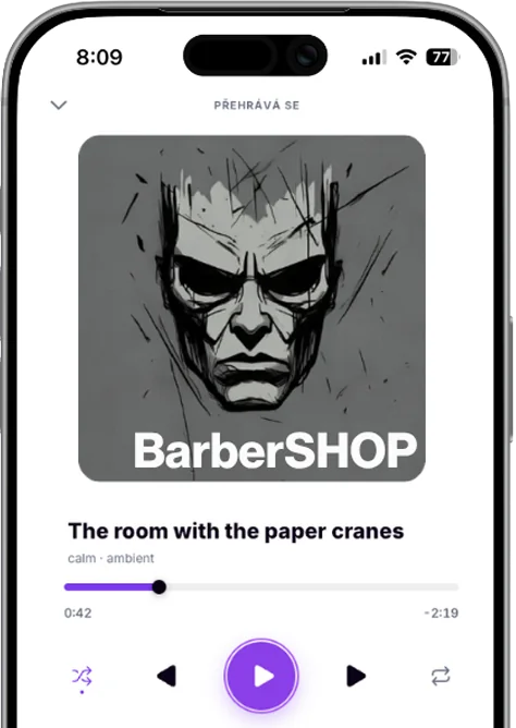 Přehrávač PressPLAI v telefonu s playlistem BarberSHOP