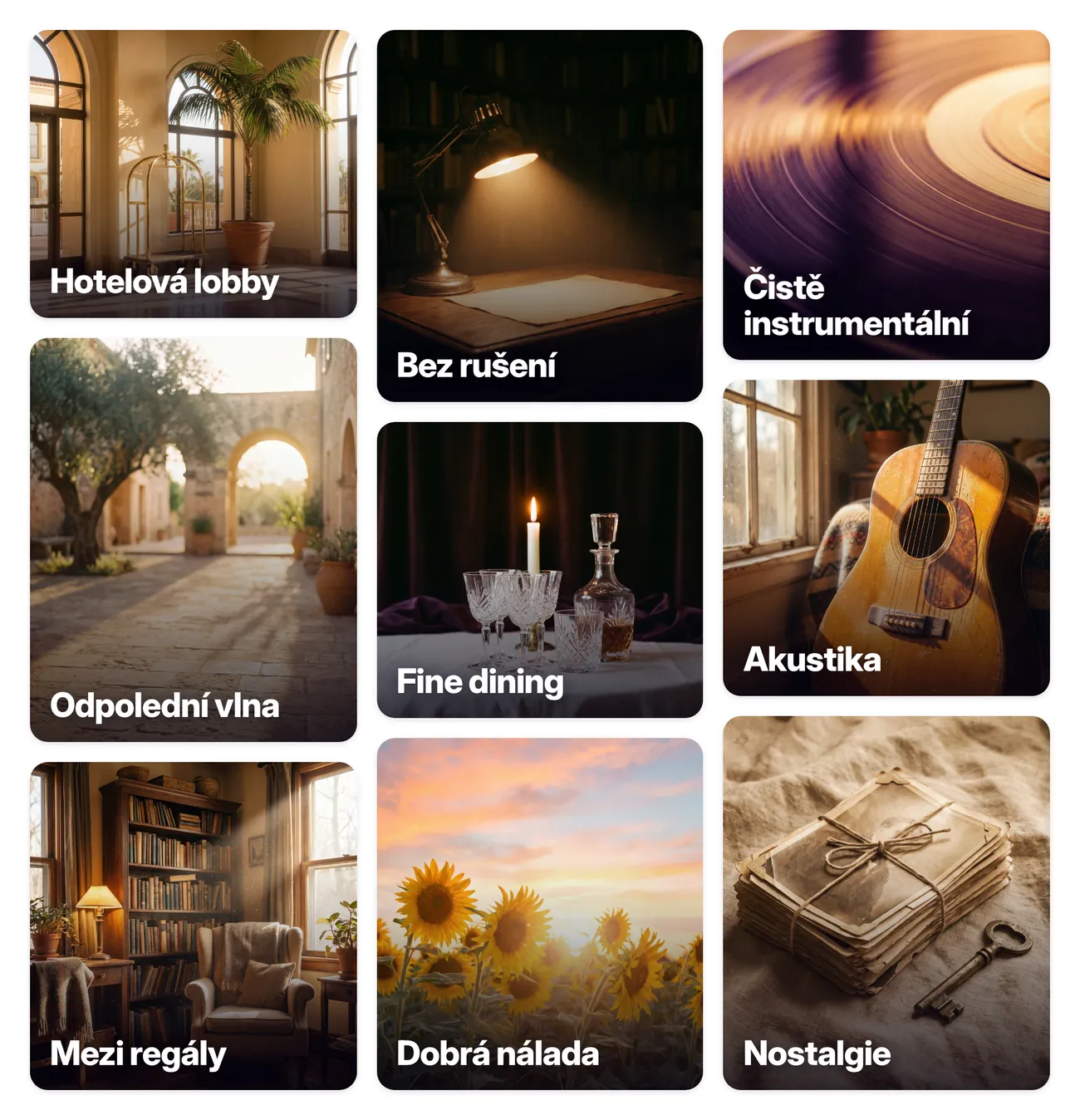 Playlisty pro hotely: Hotelová lobby, Bez rušení, Čistě instrumentální, Odpolední vlna, Fine dining, Akustika, Mezi regály, Dobrá nálada, Nostalgie