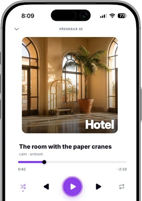 Přehrávač PressPLAI v telefonu s playlistem Hotel
