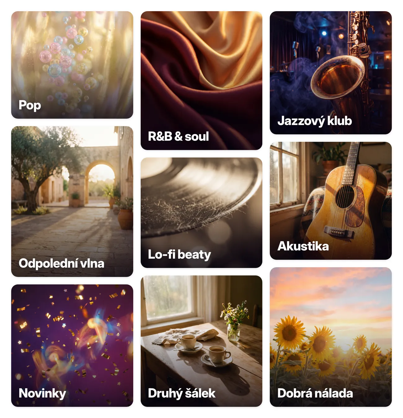 Playlisty pro kadeřnictví: Pop, R&B & soul, Jazzový klub, Odpolední vlna, Lo-fi beaty, Akustika, Novinky, Druhý šálek, Dobrá nálada