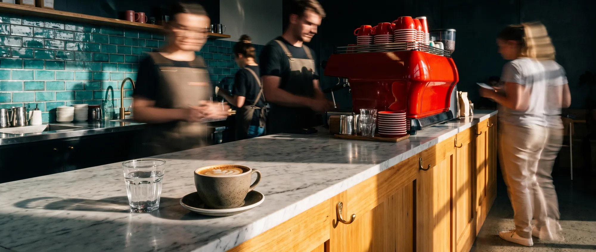 Baristé za pultem kavárny v pohybu, v popředí šálek cappuccina