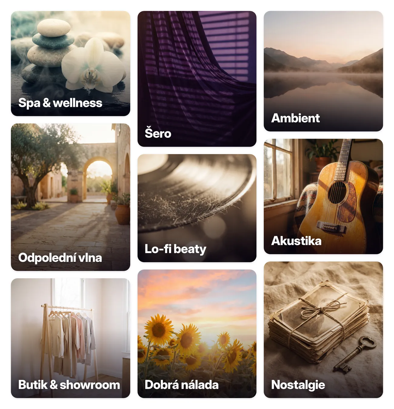 Playlisty pro kosmetické salony: Spa & wellness, Šero, Ambient, Odpolední vlna, Lo-fi beaty, Akustika, Butik & showroom, Dobrá nálada, Nostalgie
