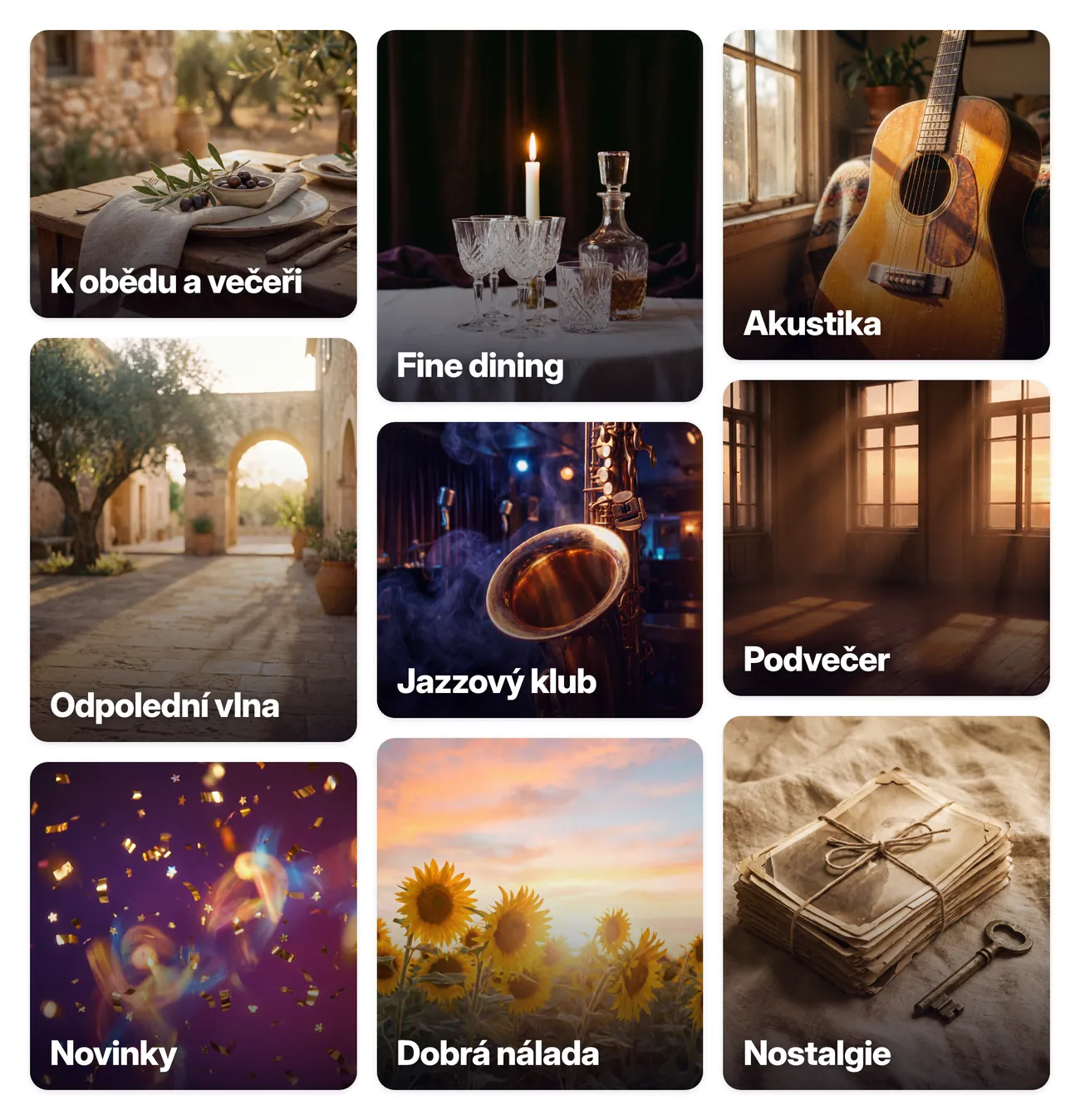 Playlisty pro restaurace: K obědu a večeři, Odpolední vlna, Novinky, Fine dining, Jazzový klub, Dobrá nálada, Akustika, Podvečer, Nostalgie