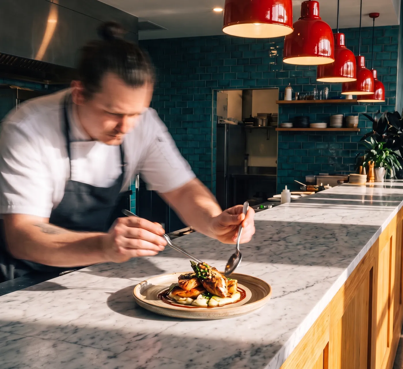 Kuchařka servíruje talíře v restauraci