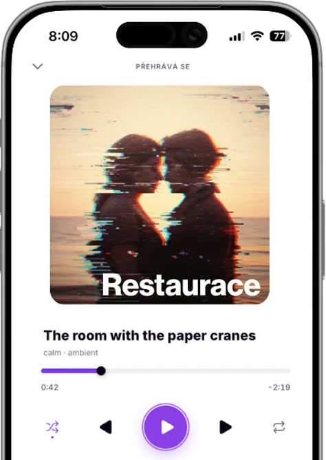Přehrávač PressPLAI v telefonu s playlistem Restaurace