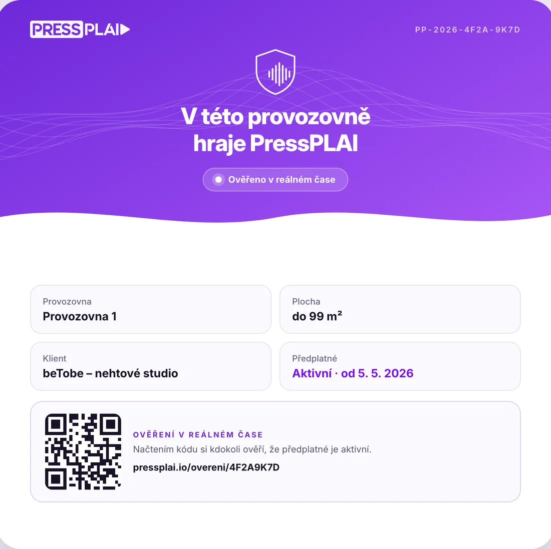 Ukázka certifikátu o přehrávání PressPLAI